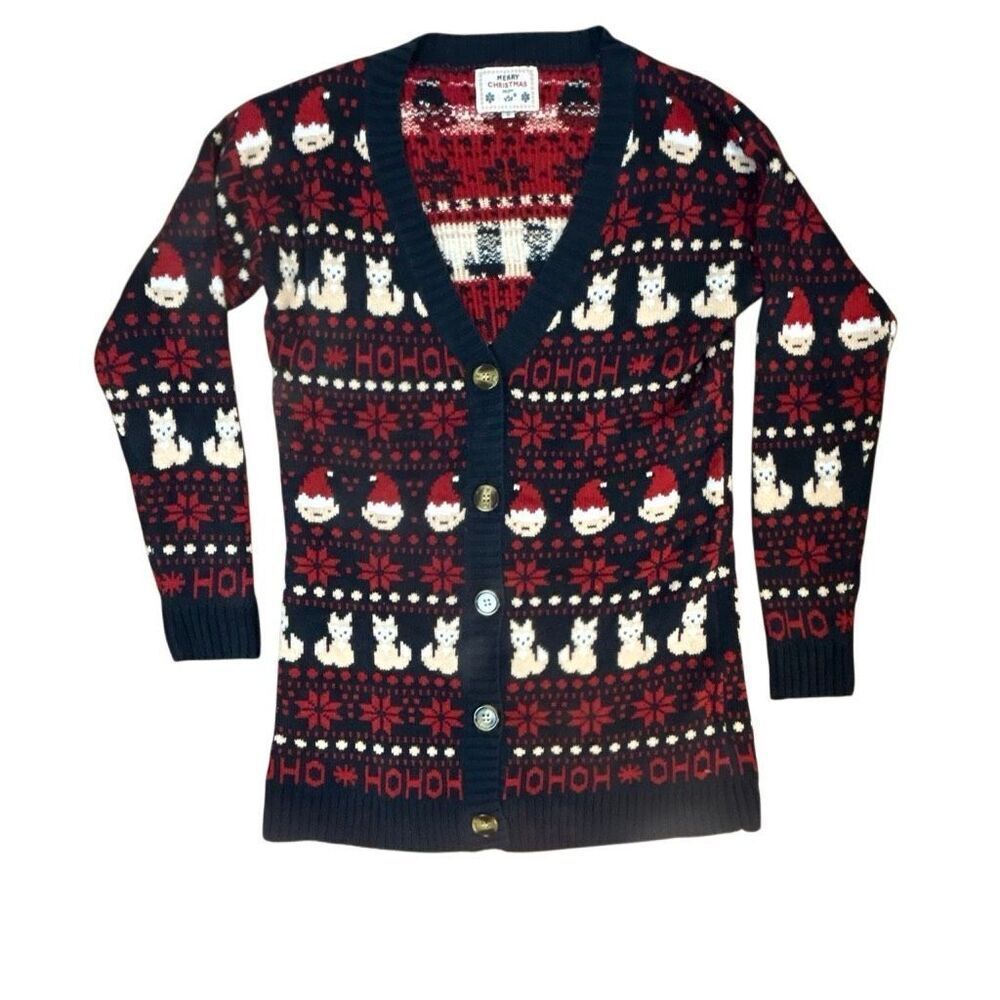 V28 Festive Christmas Holiday Elves and Foxes Cardigan Sweater Small